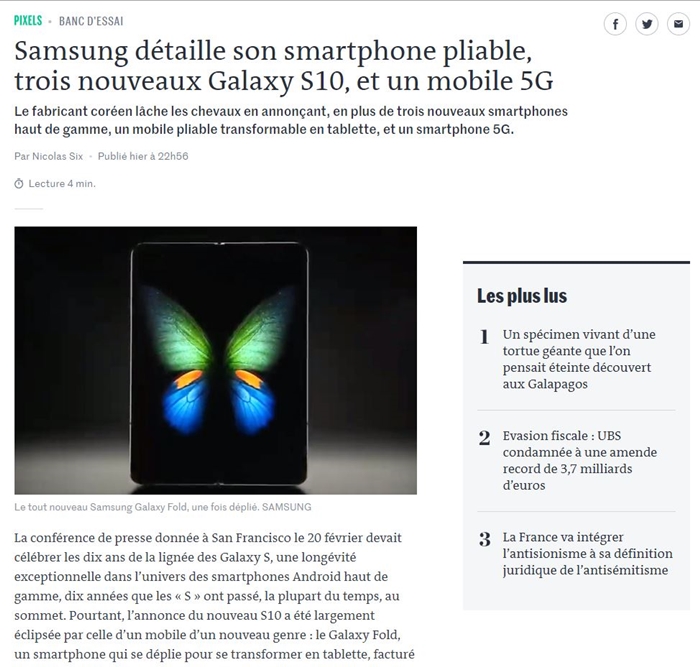The French daily Le Monde on Feb. 20 praises the ‘Galaxy Fold' in the article headlined “Samsung, unveils foldable phone, three Galaxy S10 series phones, mobile 5G,” saying,“Magic appears when the phone is unfolded like a book and the tablet screen pops up.” (Screen capture from Le Monde)